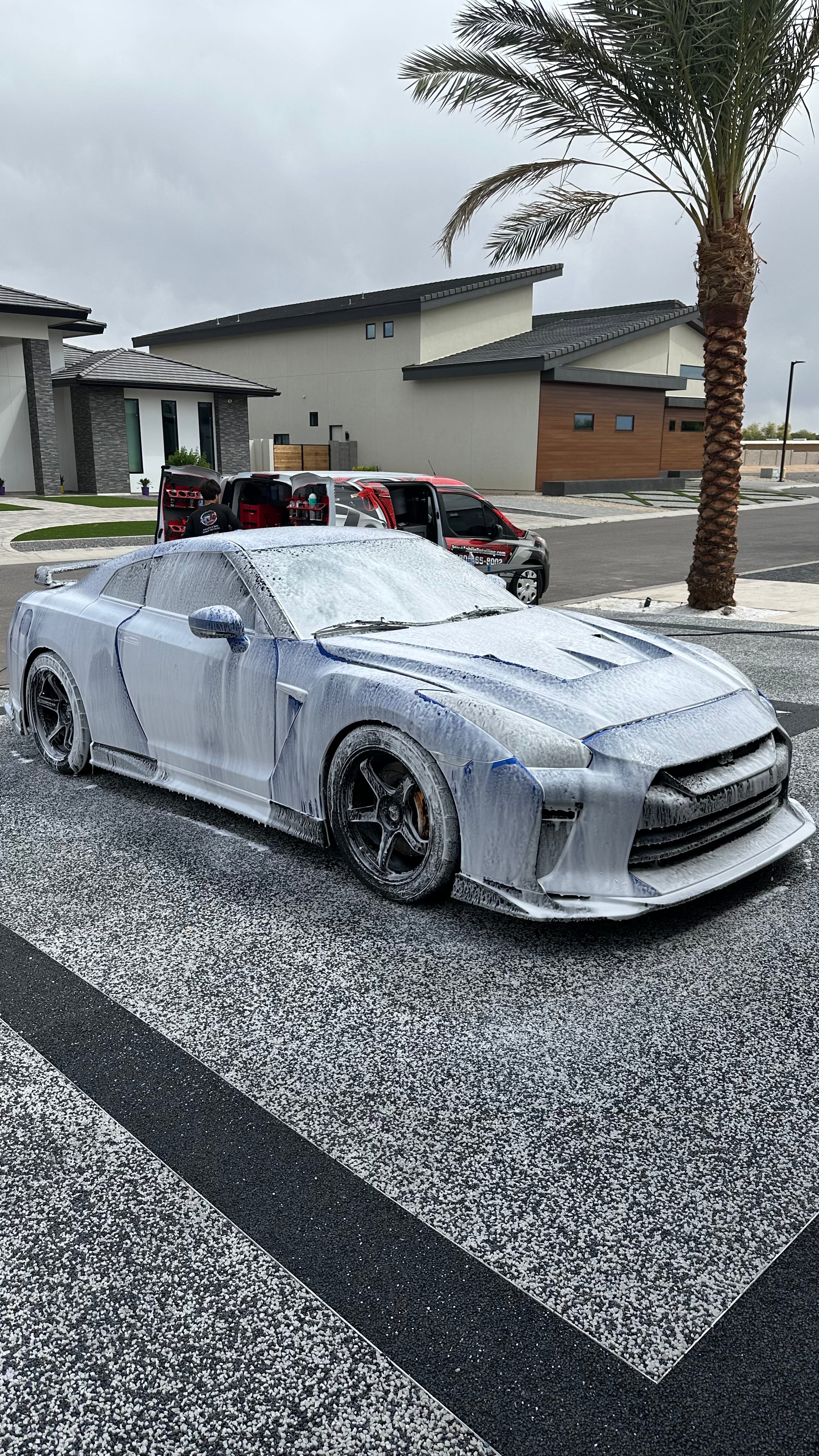 Nisaan GTR on a road with a building and palm tree in the background - Jer's Mobile Detailing